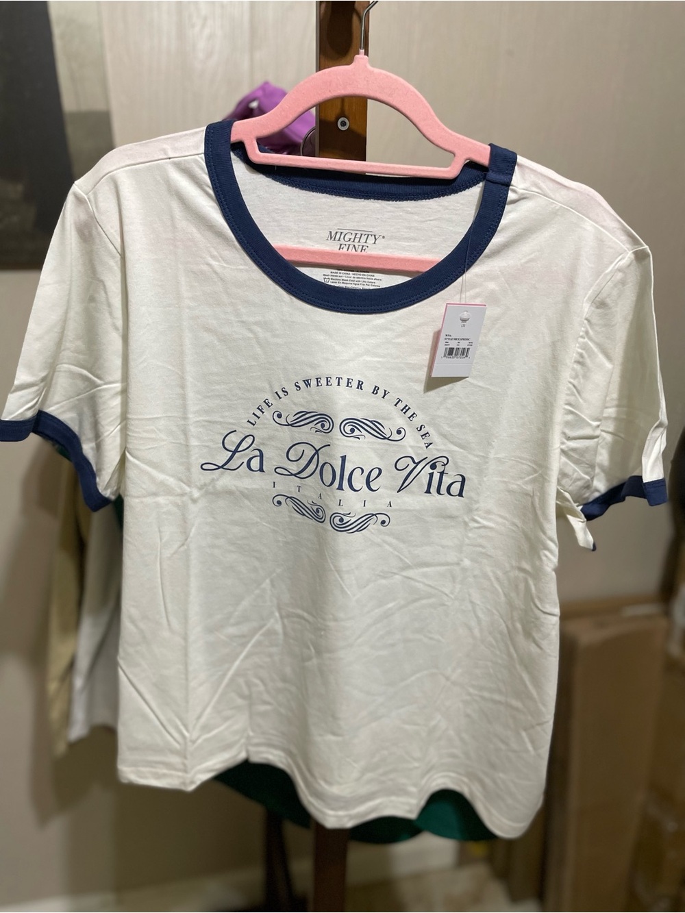 Mighty Fine Cream Tee with Navy Trim and Blue Script